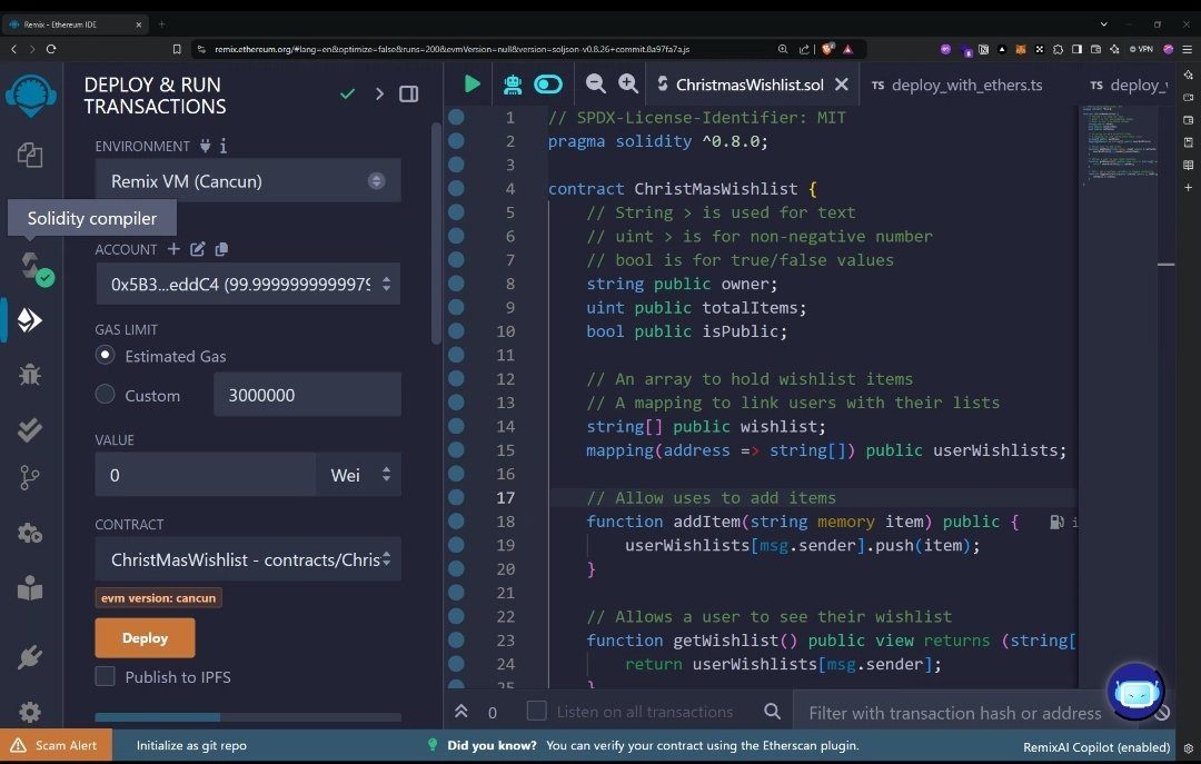 robinsoncodes's tweet photo. Day 2 of #12NightsOfChristmas with @ADAMUR_R 🎄✨: Deployed contracts successfully using @EthereumRemix for a festive wishlist dApp! Blockchain gifts keep on giving. 🚀 #Web3 #Solidity #Adamur #LiskHq #web3Clubs #KenyanOnchain https://t.co/GhnRTsXY4I