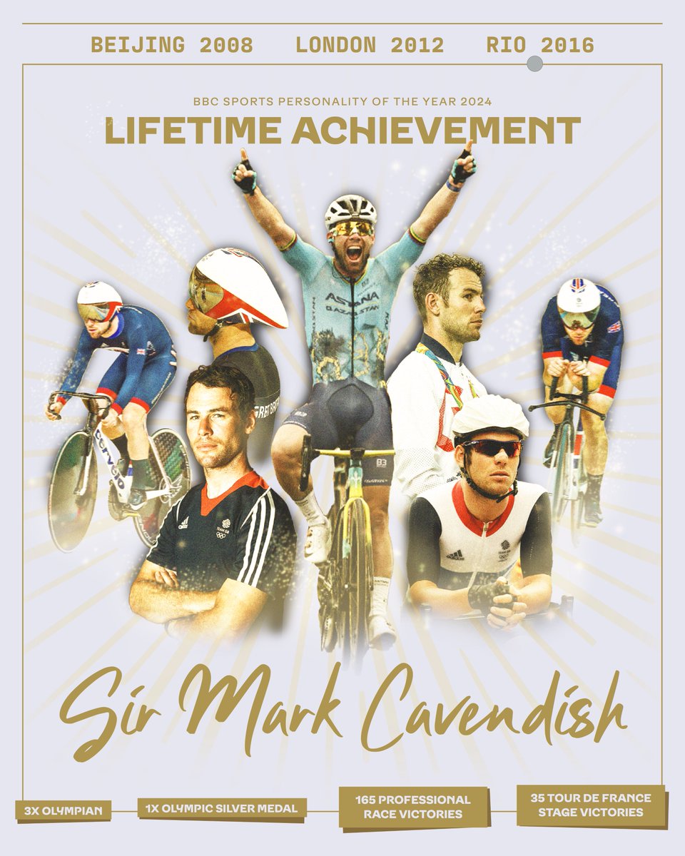 TeamGB's tweet photo. Forever a legend ❤

Congratulations to Sir @MarkCavendish for receiving the Lifetime Achievement Award at BBC Sports Personality of the Year 2024.

A career that will go down in history 🚴

@BritishCycling | #SPOTY https://t.co/WbJIwxZt5A
