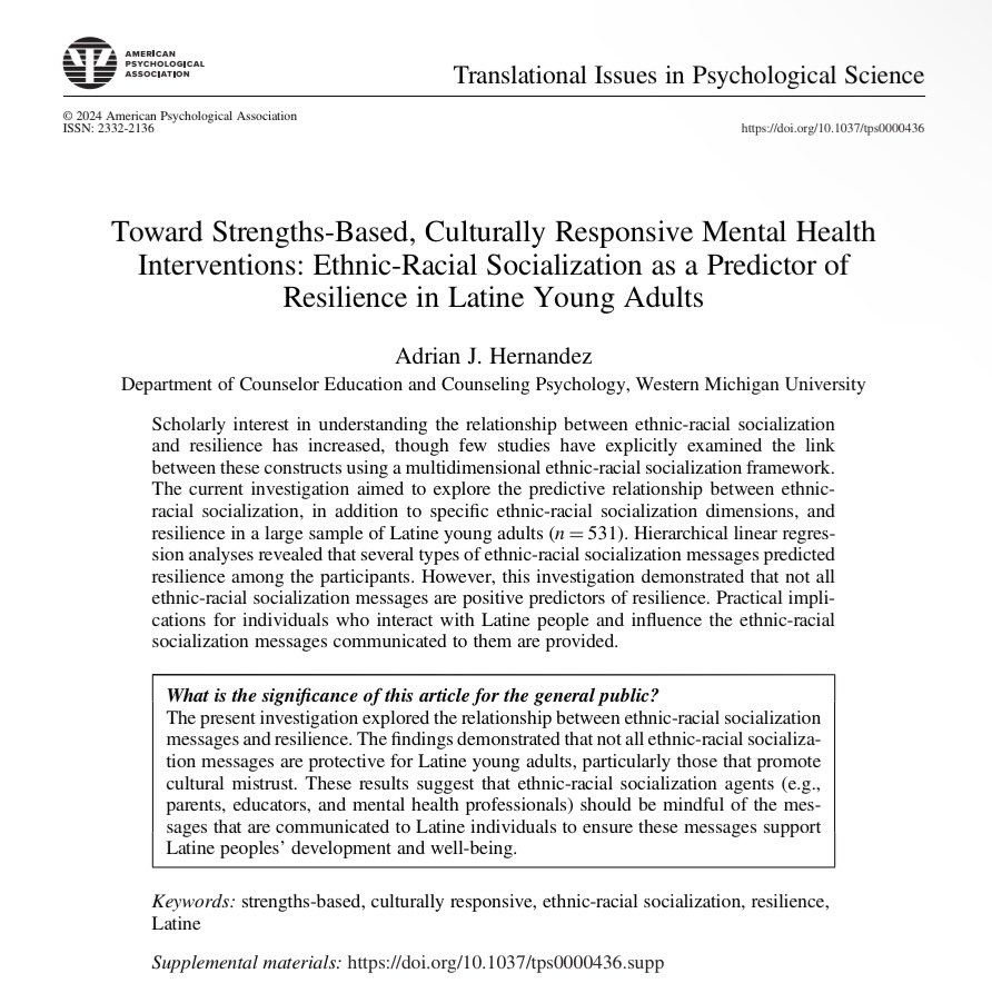 ciertoadrian's tweet image. ⭐️ New Publication Alert ⭐️

Toward Strengths-Based, Culturally Responsive Mental Health Interventions…

The first of (hopefully) many based on my dissertation work. Proud of this being my first first author and solo author paper. 🤓

Check it out! ⬇️⬇️⬇️
doi.org/10.1037/tps000…
