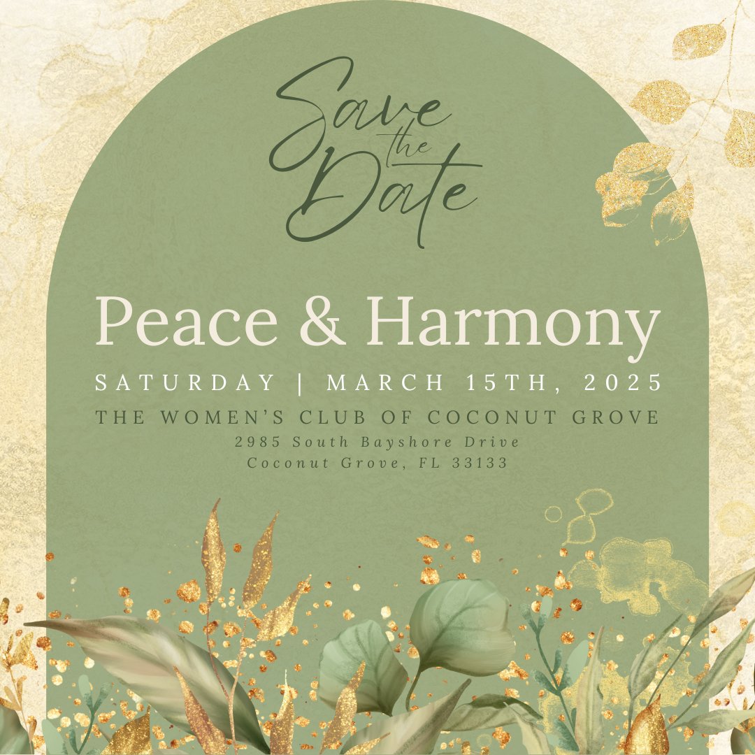🌟 Save the Date! 🌟

🕊️Peace &amp; Harmony Gala
🗓 3/15/25  
🕖7pm-10:45 PM
📍  Women’s Club of Coconut Grove, FL
🎶@GuitarsOverGuns

🎉 Online Auction starts 2/1/25!

Use #linkinBIO to RSVP or Sponsor!

#PeaceAndHarmonyGala #TMI2025 #TogetherForChange