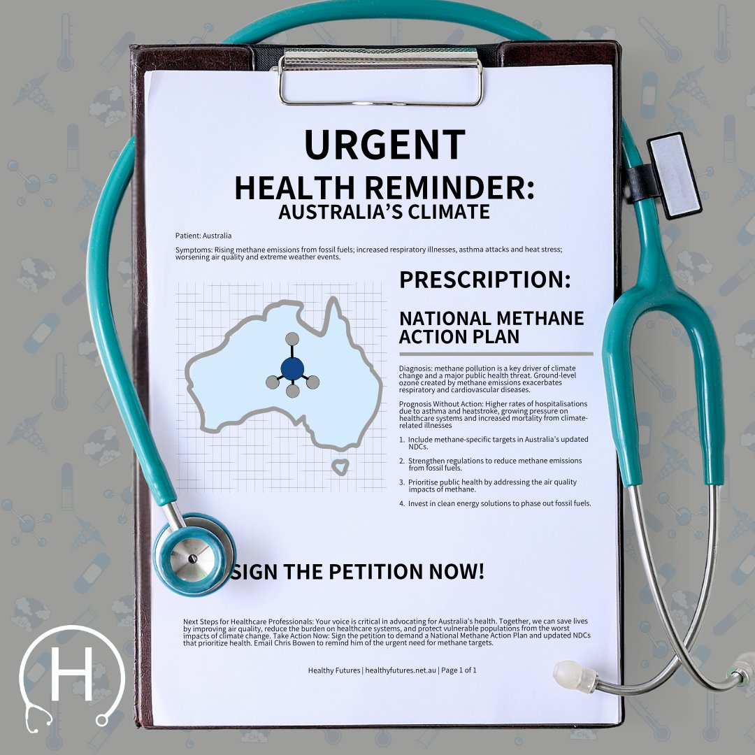🩺 Australia’s Climate Health Check Is Overdue.

Methane pollution is fueling asthma, heat stress &amp; hospital pressure. We need action.

📢 Send Chris Bowen a reminder: Sign the petition for a National Methane Action Plan in our updated NDCs.

🔗 healthyfutures.net.au/methane_ndc_pe…