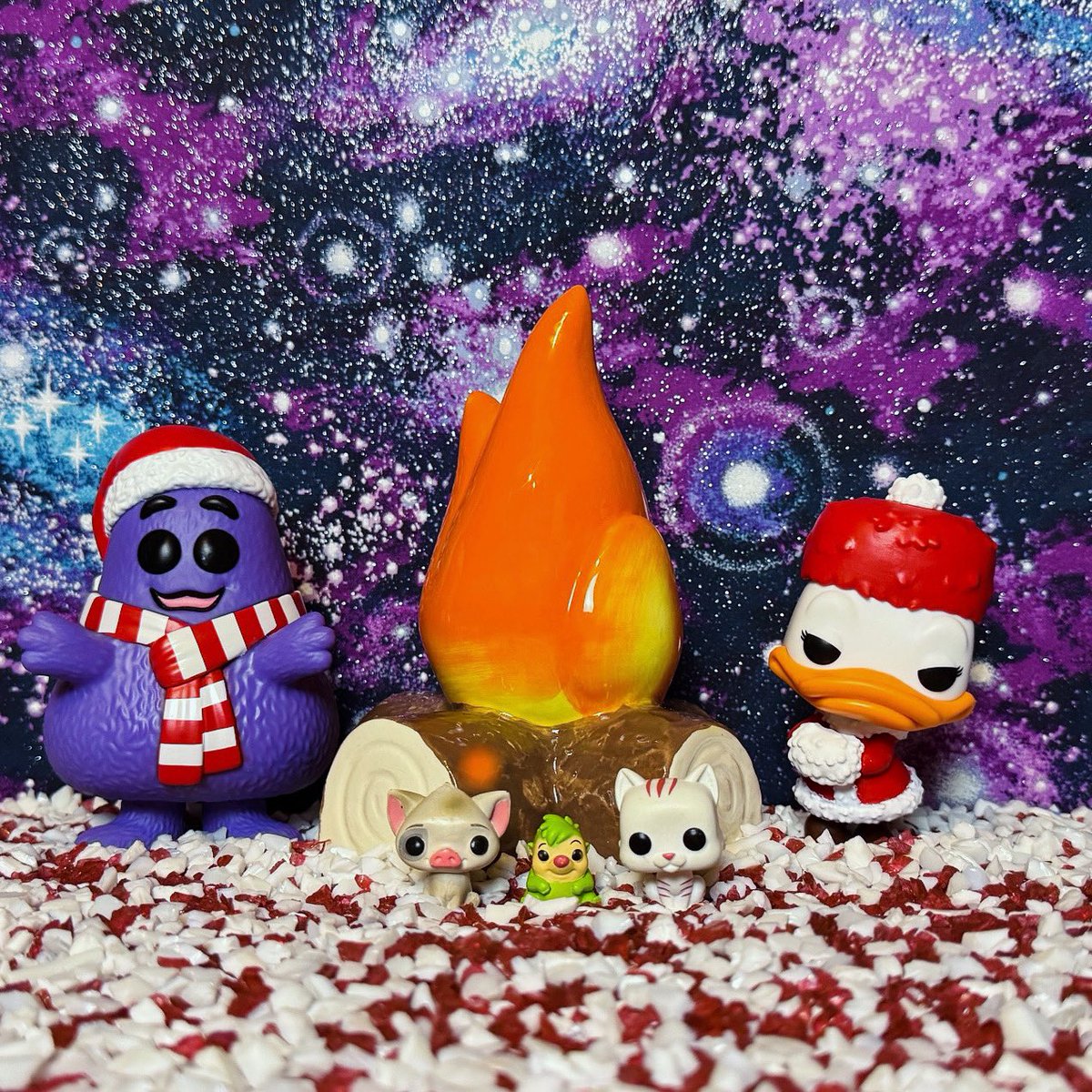 Friends By The Fire! Grimace And Daisy Joined By Candy Cane Cat With Hedgehog And Pua! 🎄🎁 Funko Photo A Day Challenge Day 2: Dec 17th With The Theme By The Fire! 🎄 #Funko #FunkoPop #FunkoPhotoADay #FunkoPhotoADayChallenge @originalfunko #WinterFunkoLand #WinterPhotoADay
