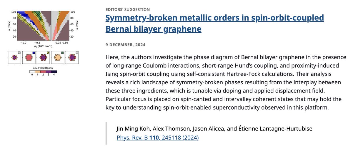PhysRevB's tweet image. PRB Editors' Suggestion: Symmetry-broken #metallic orders in #SpinOrbitCoupled #Bernal bilayer #graphene

Jin Ming Koh, Alex Thomson, Jason Alicea, &amp;amp; Étienne Lantagne-Hurtubise
Phys. Rev. B 110, 245118

➡️ go.aps.org/3ZwyFcp
#EdSugg @APSPhysics #condmat #physics @quantumjin