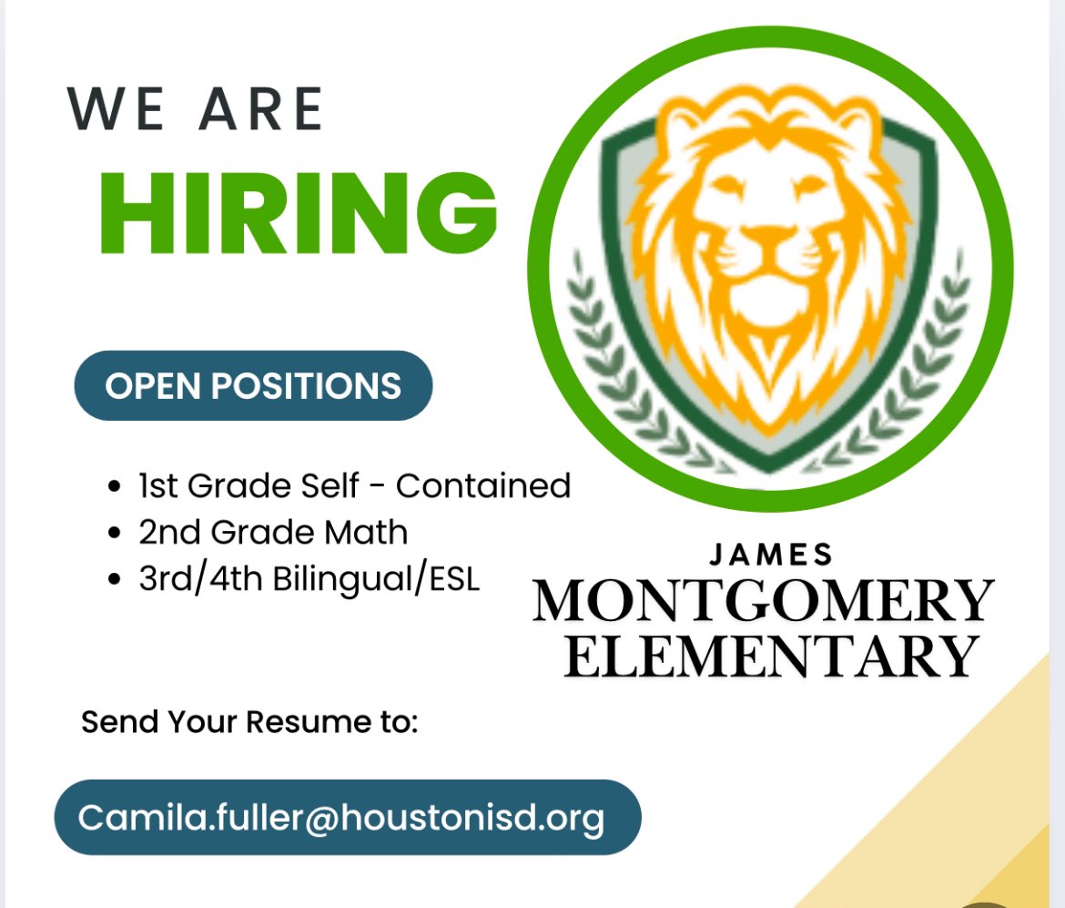 D. Sockwell (@dlsockwe) on Twitter photo Come join our amazing team <a href="/HISDMontgomery/">Montgomery Elem.</a> where our excellence shapes the future !@HisdSouth <a href="/MsFullerhisd/">Camila Fuller</a> Come join our amazing team <a href="/HISDMontgomery/">Montgomery Elem.</a> where our excellence shapes the future !@HisdSouth <a href="/MsFullerhisd/">Camila Fuller</a>