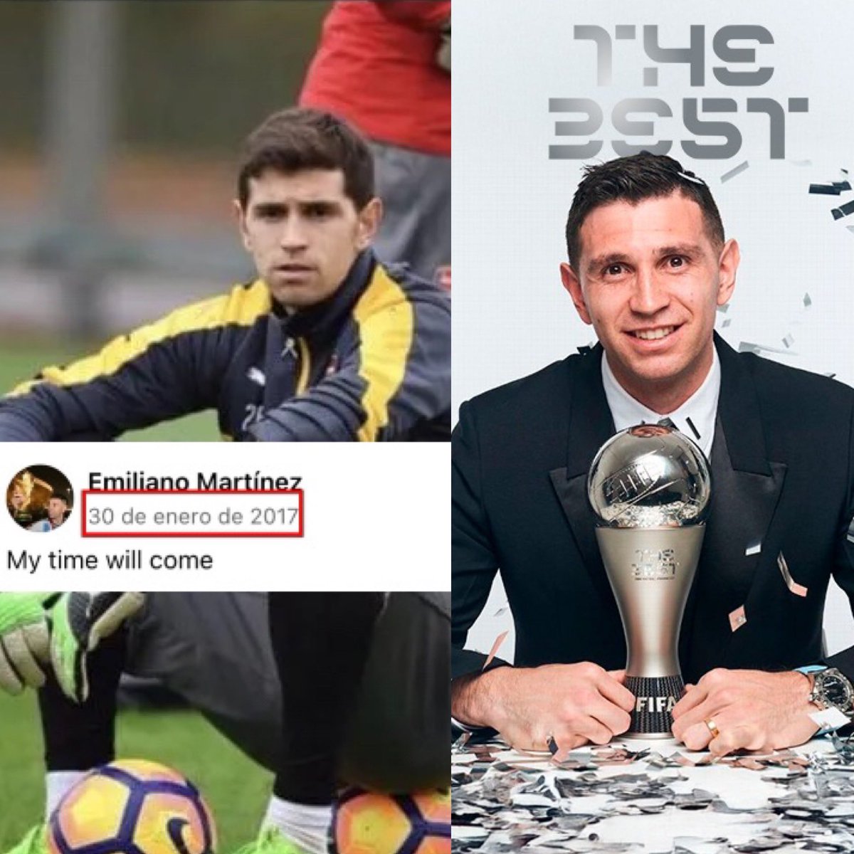 Juezcentral's tweet photo. El tuit de la izquierda lo publicó Emiliano Martínez hace 7 años.

"Mi momento llegará".

Era el tercer portero del Arsenal y venía de jugar en segunda inglesa con el Wolverhampton. Lo que viene después ya lo conocemos. 

Hoy, el Dibu se convirtió en el primer portero que gana dos veces tanto el premio THE BEST de la FIFA, como el premio LEV YASHIN de FRANCE FOOTBALL, como el mejor portero del mundo.

No es suerte muchachos. Lo visualizó, lo trabajó y lo consiguió.