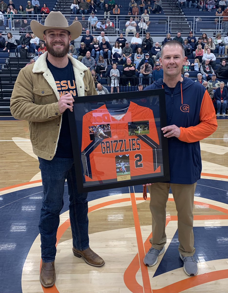 Grainger retires the number of former Grizzly baseball great Trey Cabbage. He is shown here with GHS principal <a href="/Coach_ChadTate/">Chad Tate</a> who was Cabbage’s coach at Grainger.