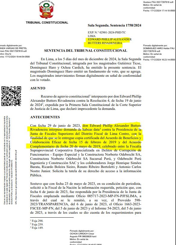 wilbermedinab's tweet photo. El @TC_Peru acaba de publicar la STC 2901-2024-HD que declara #Fundada la demanda de #HabeasData y ordena a los fiscales Vela y Pérez a publicar el #AcuerdoDeColaboracionINeficaz a #PhillipButters. 👀👇#SecretismoNuncaMas https://t.co/gHutLIJzfh