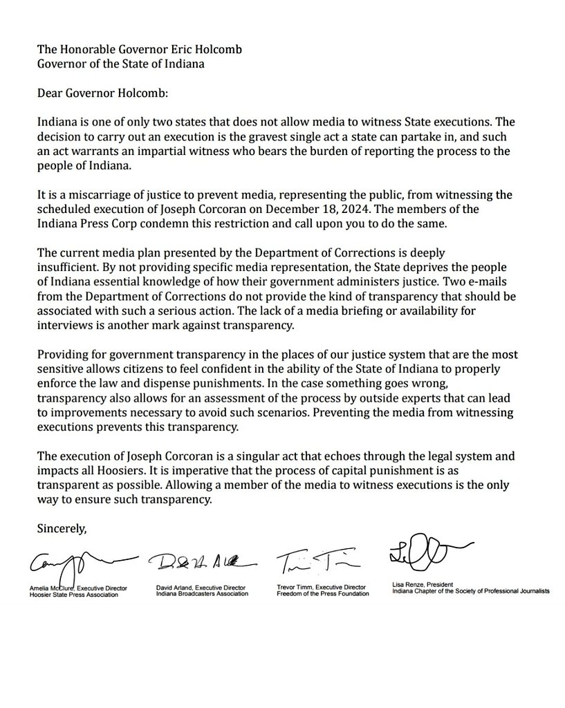 In letter to @GovHolcomb, Indiana media groups condemn plans to exclude journalists from first state execution in 15 years