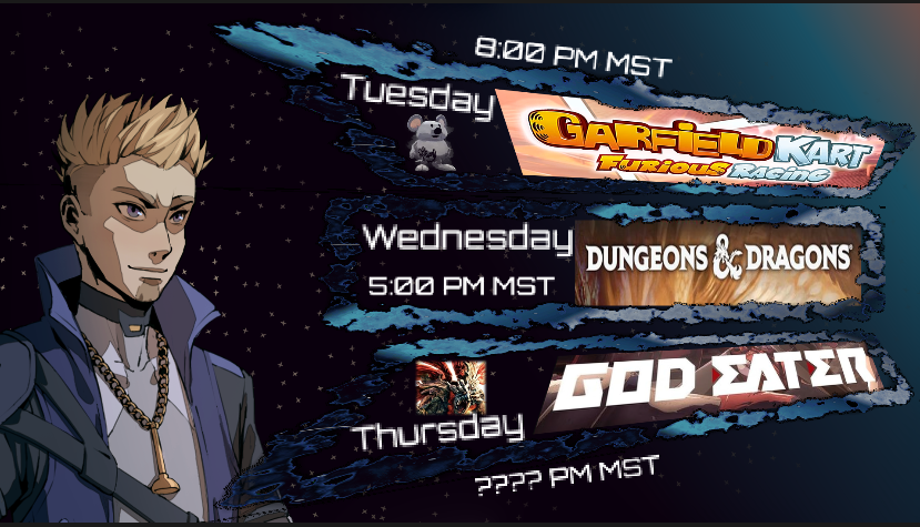 you here is this weeks schedule. come on by later tonight for a garf kart stream
#streaming #vtuber #gaming #pngtuber