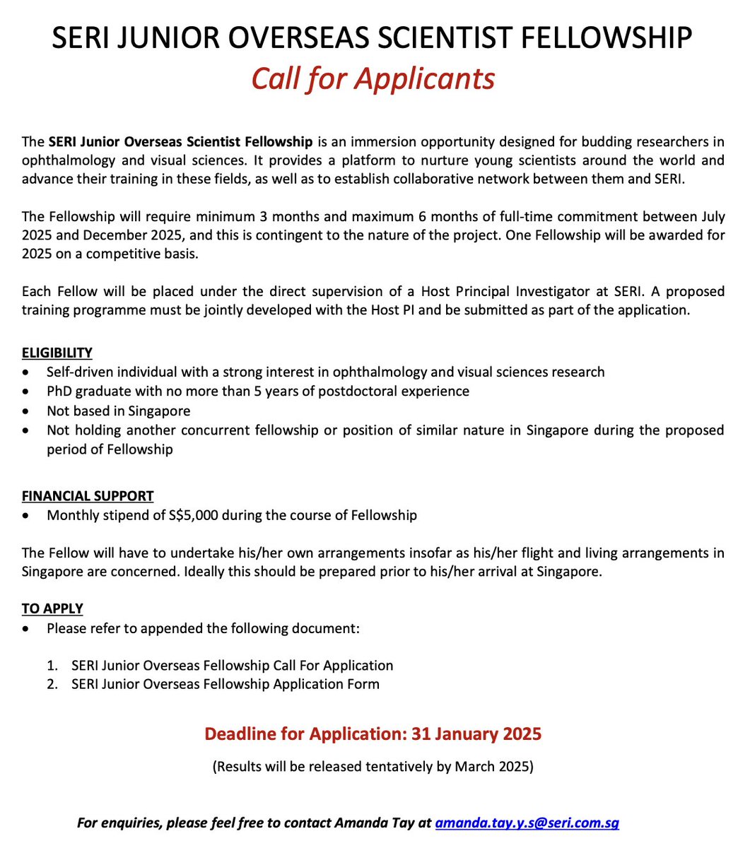 snec_seri (@snec_seri) on Twitter photo Applications are OPEN for the SERI Junior Overseas Scientist Fellowship 2025!
Apply if you are a budding researcher in ophthalmology and visual sciences who would like to advance their training.
Deadline: 31 January 2025
To apply, email Amanda <a href="/amanda/">Amanda Rose</a>.tay.y.s@seri.com.sg. Applications are OPEN for the SERI Junior Overseas Scientist Fellowship 2025!
Apply if you are a budding researcher in ophthalmology and visual sciences who would like to advance their training.
Deadline: 31 January 2025
To apply, email Amanda <a href="/amanda/">Amanda Rose</a>.tay.y.s@seri.com.sg.