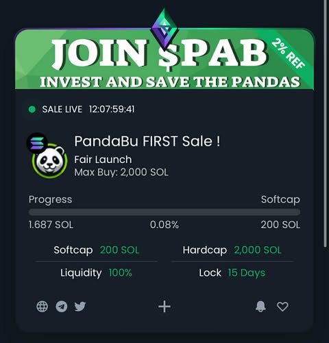 💸 25,000 $PAB airdrop is waiting for YOU!

📋 Steps:

1️⃣ Like &amp; RT this post ♻️
2️⃣ Follow us 🔔
3️⃣ Drop your $SOL wallet address below!

💥 Presale live for 7 days only: solsale.app/presale/5bS6u2…

⏰ Hurry—tokens are limited!
#CryptoGiveaway #PandaBuToken #GreenCrypto