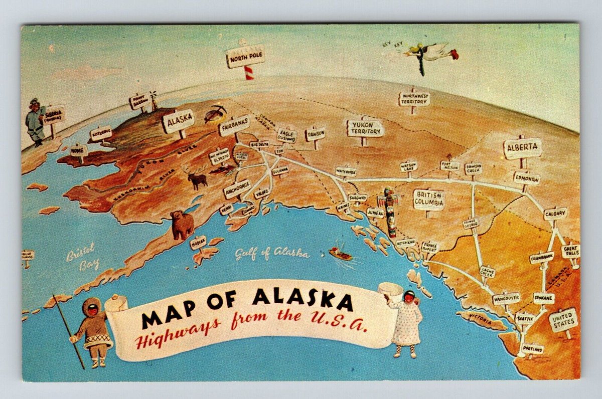 ANC_Historian's tweet photo. Circa 1952-1953 "Map of Alaska: Highways from the U.S.A." postcard. #alaskahistory #alaska #bchist https://t.co/DPy5NnOPMG