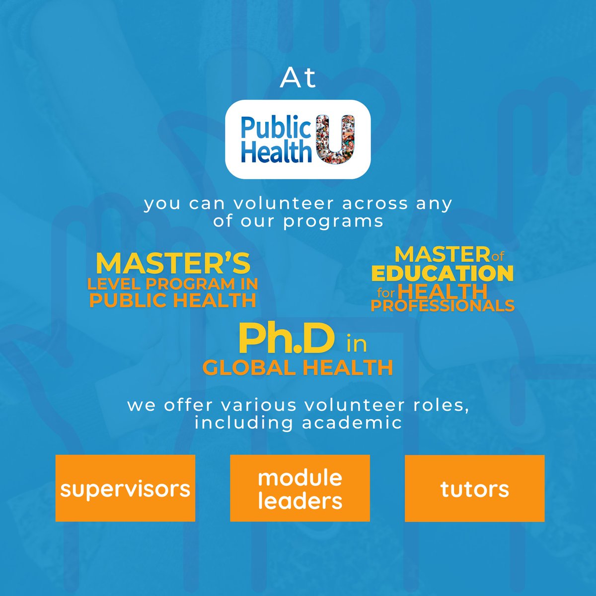 Public_Health_U's tweet photo. 🌍 Calling all public health changemakers! Volunteer with PHU for Semester 25A and empower students in 59+ countries.

📚 Flexible roles | 🌟 Big impact | 🕒 Manageable time commitments

Register: https://t.co/CBcIJr492p https://t.co/X9ldKC7b6t
