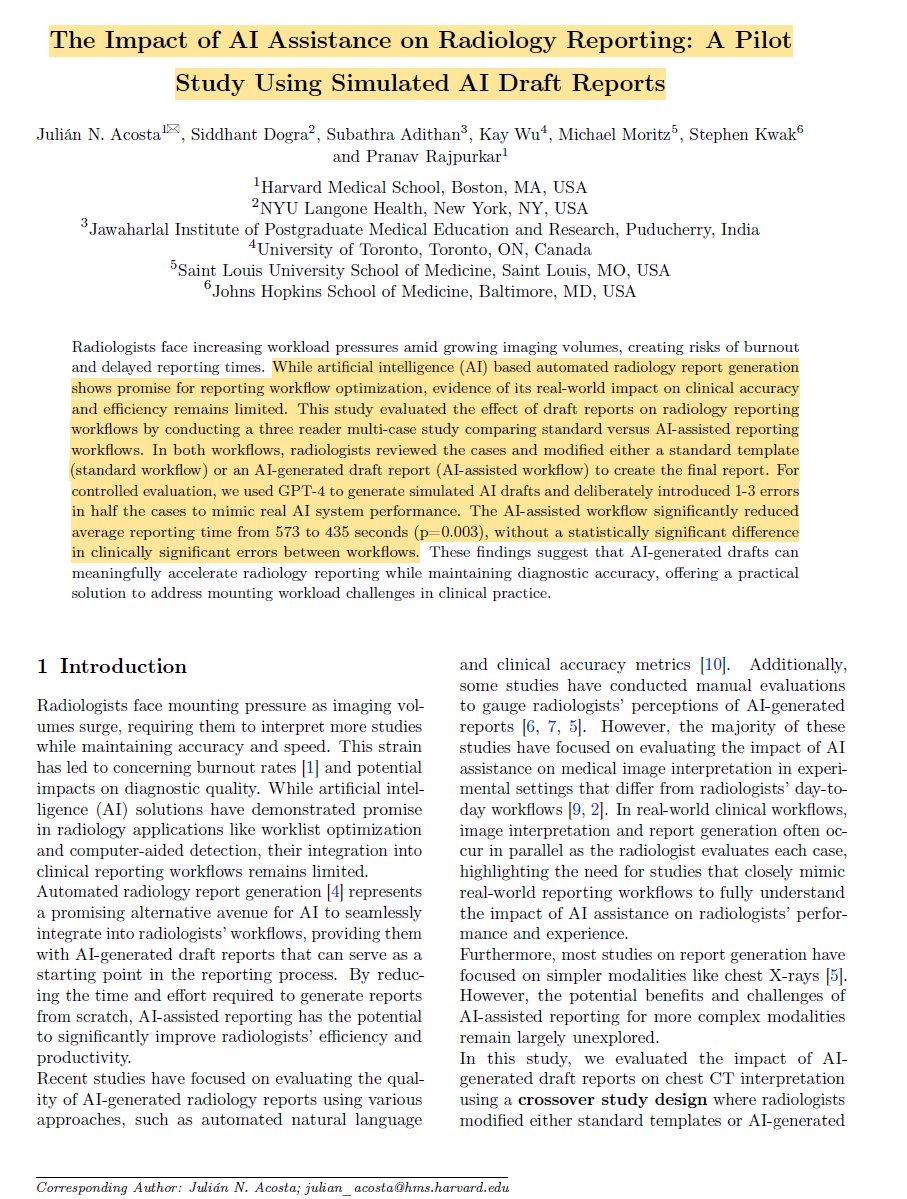 Open Life Science AI (@openlifesciai) on Twitter photo 🚨 AI in Radiology Alert! 🚨
How much can AI help radiologists reduce reporting time while maintaining accuracy?
<a href="/harvardmed/">Harvard Medical School</a> & collaborators present a pilot study on AI-assisted radiology workflows using AI-generated draft reports!
Authors: <a href="/jn_acosta/">Julián Nicolás Acosta</a>, <a href="/siddograMD/">Sid Dogra</a>, 🚨 AI in Radiology Alert! 🚨
How much can AI help radiologists reduce reporting time while maintaining accuracy?
<a href="/harvardmed/">Harvard Medical School</a> & collaborators present a pilot study on AI-assisted radiology workflows using AI-generated draft reports!
Authors: <a href="/jn_acosta/">Julián Nicolás Acosta</a>, <a href="/siddograMD/">Sid Dogra</a>,