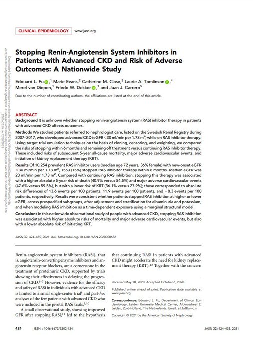Stopping Renin-Angiotensin System Inhibitors (RASi) in Patients with Advanced CKD and Risk of Adverse Outcomes: A Nationwide Study ca. 2021 from <a href="/JASN_News/">JASN_News</a> <a href="/FuEdouard/">Edouard L. Fu</a>
#Nephpearls #Cardiorenal #NephJC

👉 pubmed.ncbi.nlm.nih.gov/33372009/