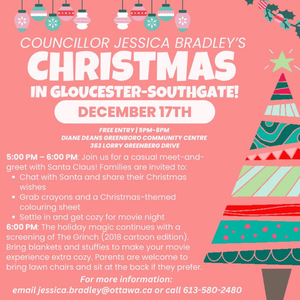 🎅🎄 Meet Santa &amp; Enjoy a Christmas Movie Tonight!

📅 Dec 17th ⏰ 5–8 PM
📍 Diane Deans Greenboro Community Centre (363 Lorry Greenberg Dr)
5–6 PM: Santa meet &amp; greet + colouring fun
6 PM: 🎥 The Grinch (2018)

Bring blankets, stuffies, &amp; lawn chairs! Free for all families.✨