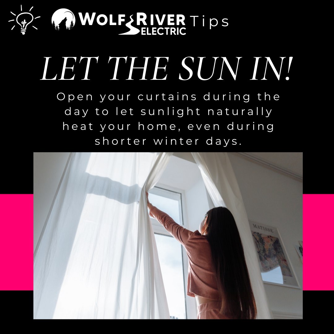 🌞 Here’s a tip: Open your windows during the day to let the sun naturally warm your home, even in the shorter winter months! 🏡 Every bit of savings adds up. Ready to take it further? Go solar with Wolf River Electric! Visit wolfriverelectric.com. ❄️ #EnergyTips #GoSolar