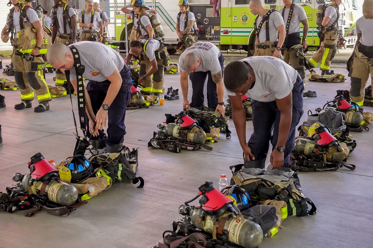 MiamiDadeFire's tweet photo. This week, #MDFRClass156 tackled firefighter survival training, facing real-world scenarios designed to test their skills and prepare them for challenges they may encounter in the field. Instructors guided recruits through situations such as being separated from their crew in a darkened room, finding exits blocked by fire or debris and navigating collapses.