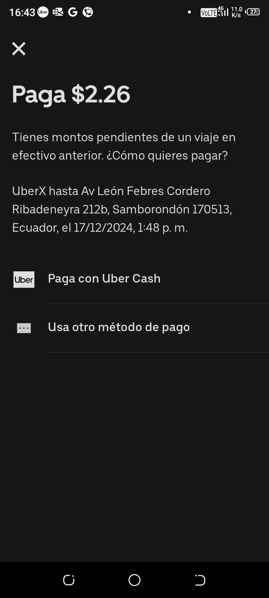 Gabys29's tweet photo. @Uber_Support Por favor sigue saliendo el monto que si cancele en efectivo. Necesito que se solucione. Porque se canceló todo el viaje. https://t.co/CuBRwSlp00