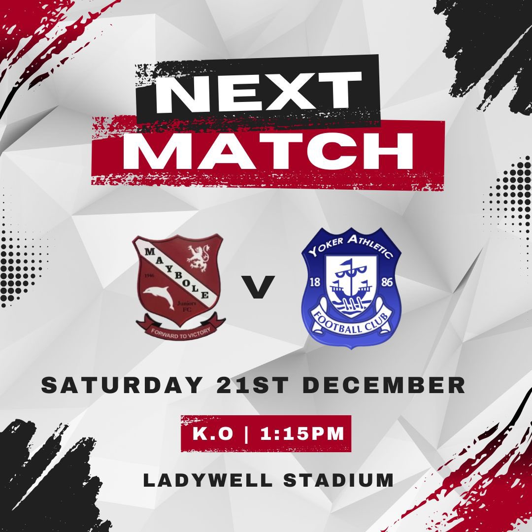 ⚽️ Maybole Juniors vs Yoker Athletic 
🗓️ Saturday 21st December 
⌚️Gates open 12 - KO 1:15pm
📍Ladywell Stadium ⁣⁣⁣
🎟️ Adults £7 , Concessions £3.50 ⁣⁣⁣
☕️ Shop and hospitality open. ⁣⁣Hospitality available please contact the club for your space or more information.