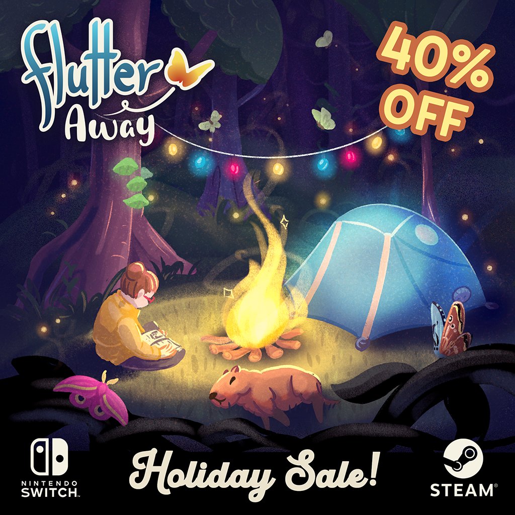 runawayplay's tweet photo. Happy holidays! 🎄 🦋 Flutter Away is currently 40% off on Nintendo Switch and Steam! It's the perfect game to cozy up with by yourself or with friends and family! 🏕️ https://t.co/XEly80M7Iq