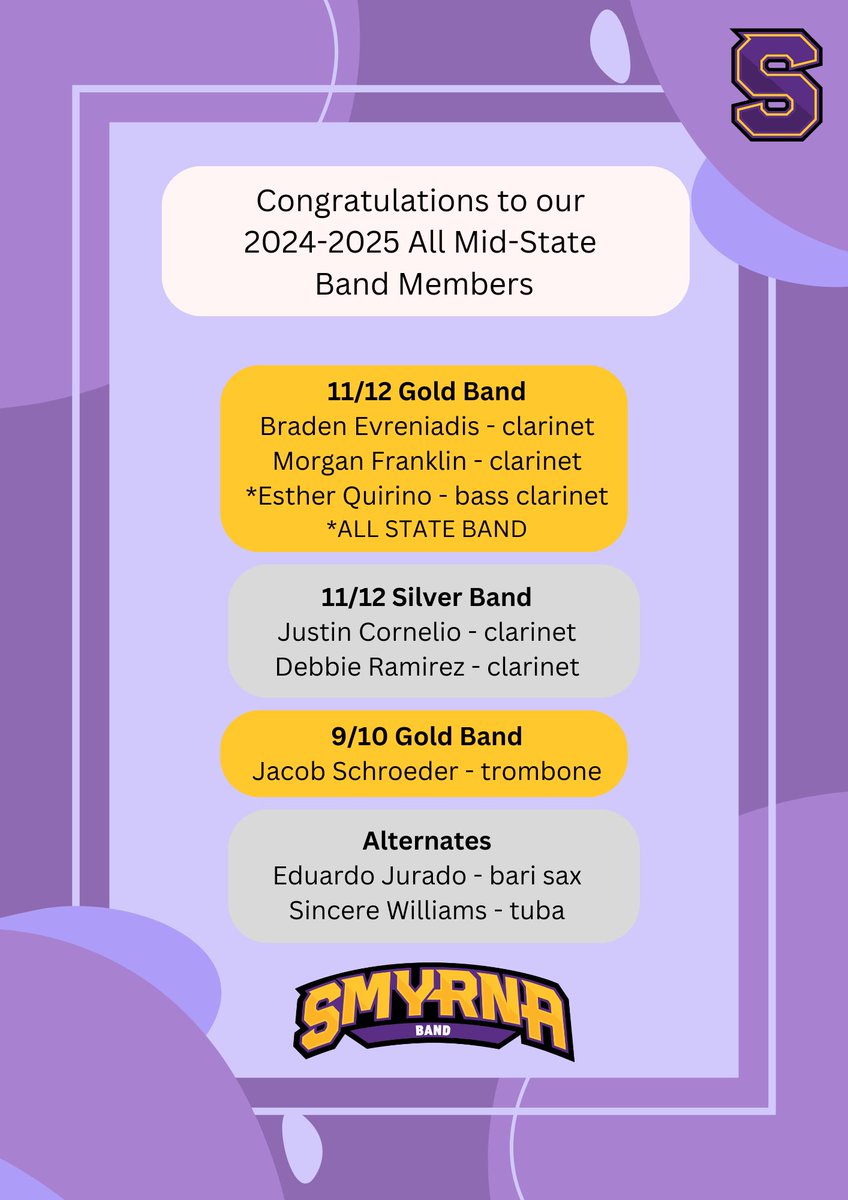 Announcing our 2024-2025 All Mid-State Band members!   <a href="/SmyrnaBulldog/">Smyrna Bulldog</a> #onlyoneshs