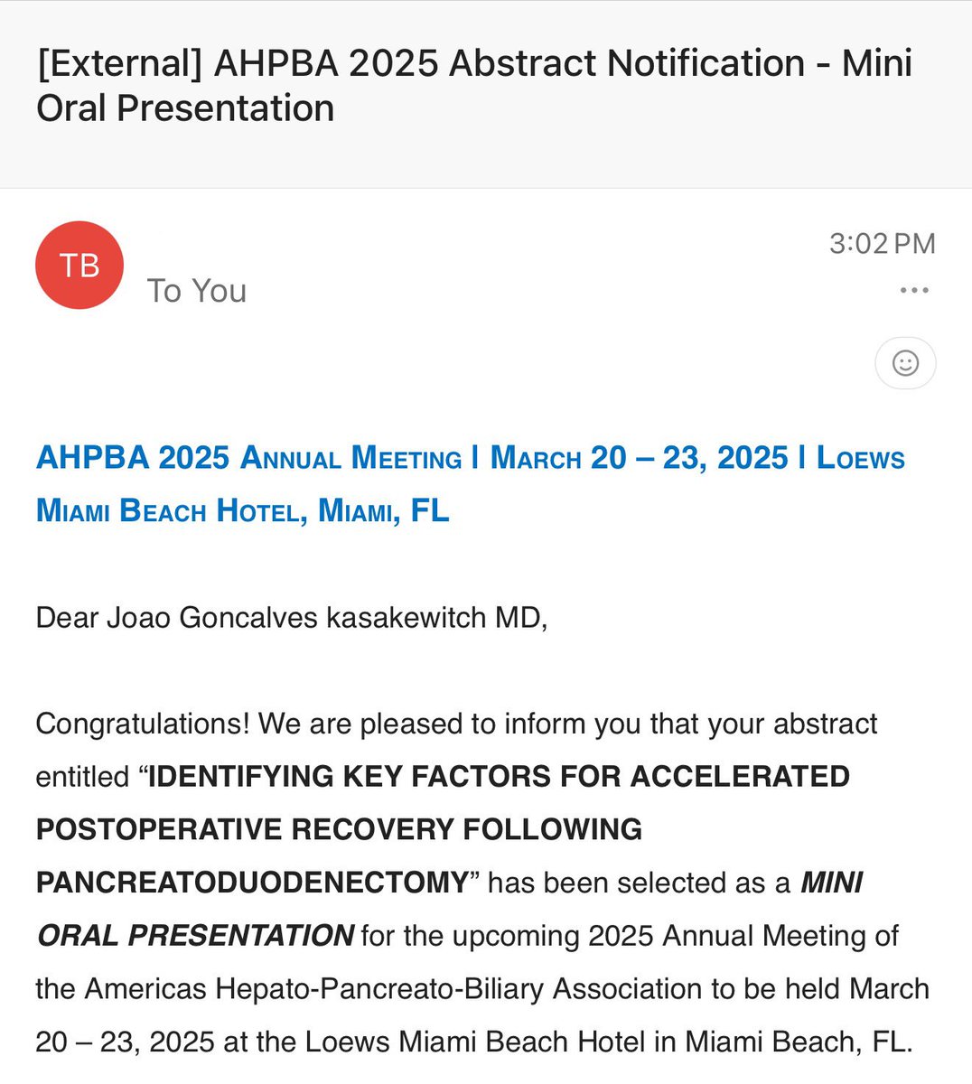 Proud to share that I’ll be presenting at <a href="/AHPBA/">AHPBA</a> ! Excited to learn, connect, and spark new research ideas. Grateful for my mentor’s support and thrilled to attend with an incredible team—congrats to my peers presenting too! #MedTwitter #HPB