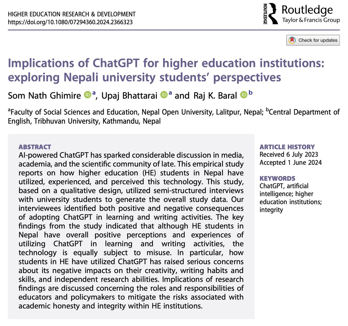Implications of #ChatGPT for higher education institutions: exploring Nepali university students’ perspectives

<a href="/Nath11Ghimire11/">Som Nath Ghimire</a> @Upaj &amp; @BaralRaju1

→ doi.org/10.1080/072943…

#HigherEd #ArtificialIntelligence #AI #AcademicIntegrity #NepaliStudents #UniversityStudents #Nepal 🇳🇵