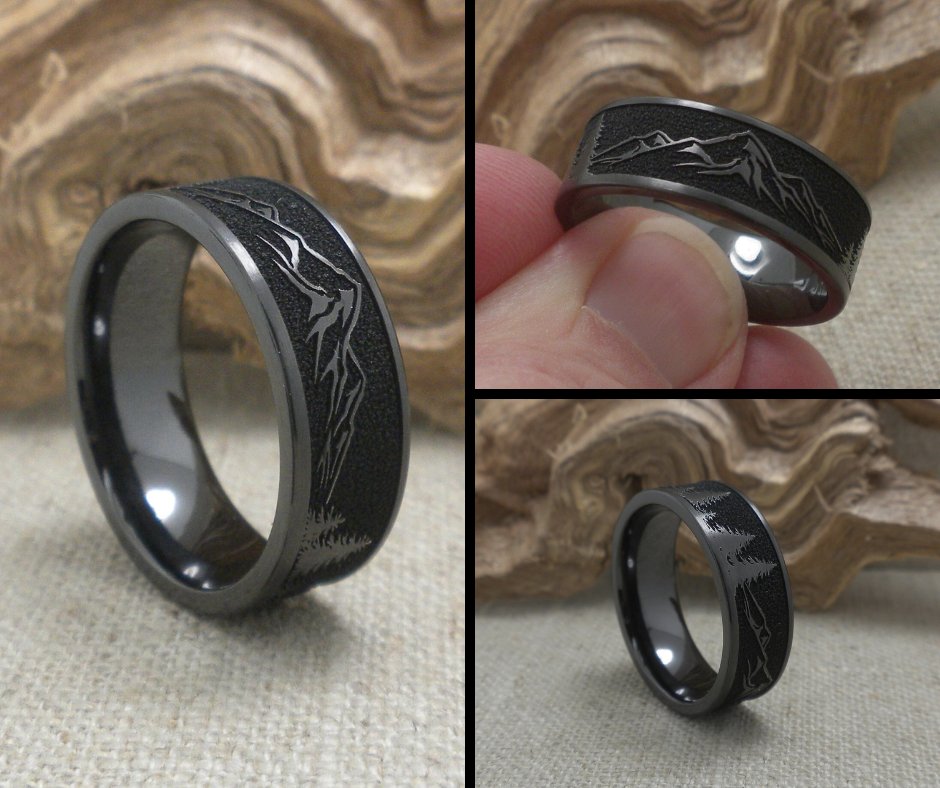 UniqueTitanium's tweet image. 8 mm Mountain Peaks and Evergreens Wedding Ring in Black Zirconium: uniquetitaniumweddingrings.com/black-zirconiu…