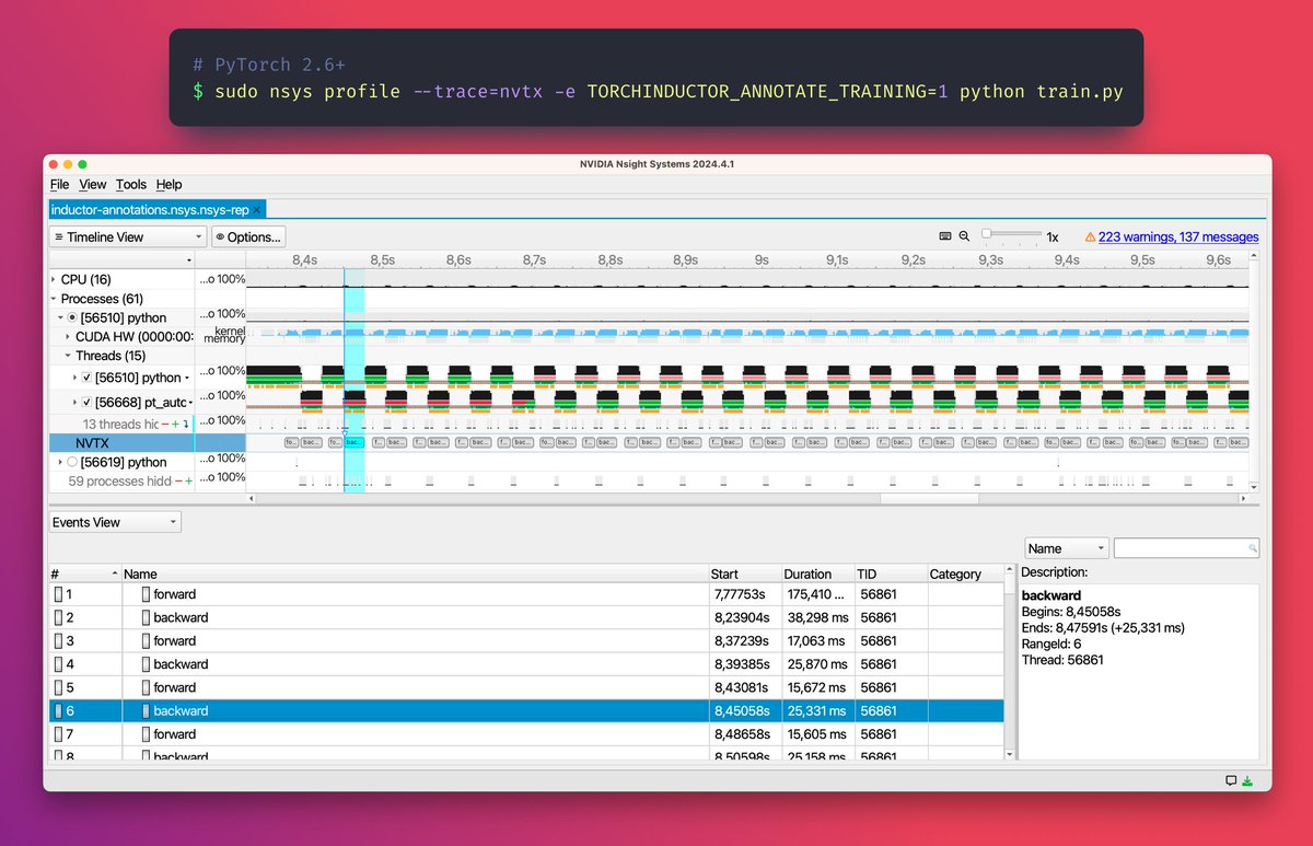Recently, landed my first non-trivial PyTorch PR which adds NVTX annotations for CUDA profiling during training, makes it easier to analyze profiles in a visual and automated way.
Should be available in the next version (2.6) 🥳