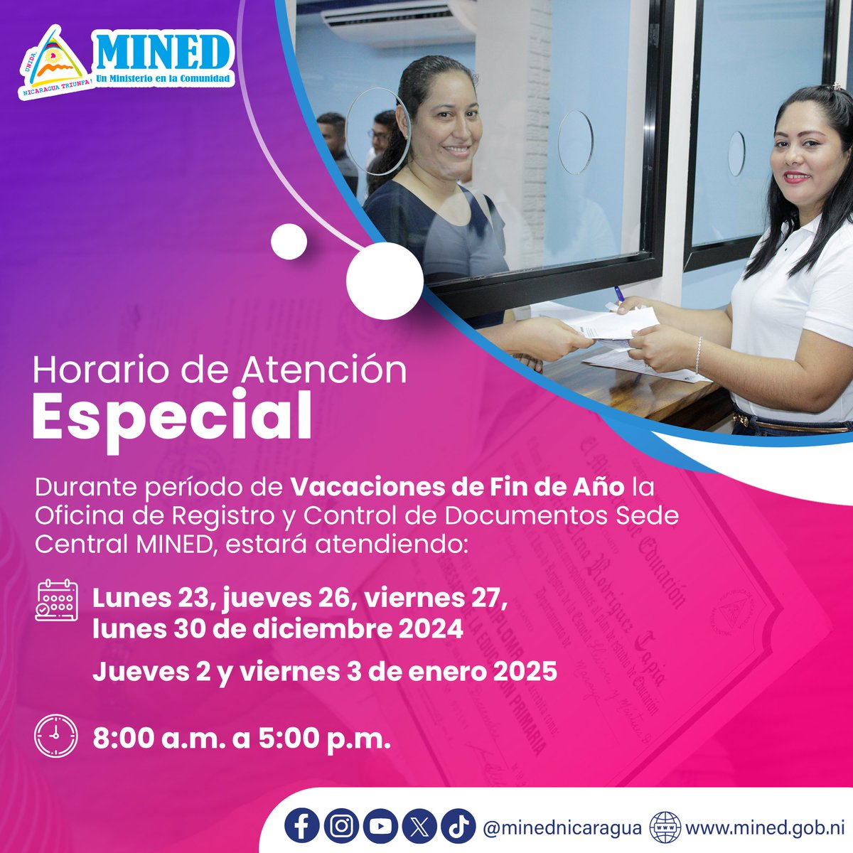 📣 Aviso Importante

Horario de atención en la Oficina de Registro y Control de Documentos, Sede Central, durante las vacaciones de Navidad y Año Nuevo.