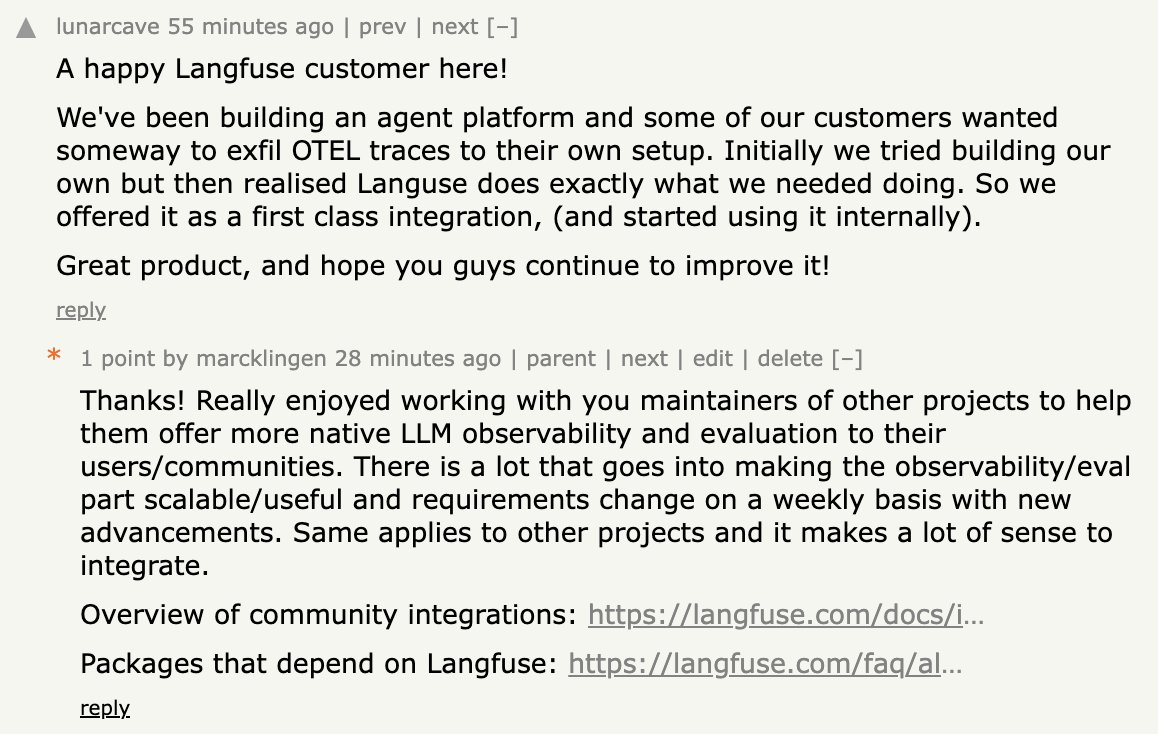 <a href="/swyx/">swyx 🌉</a> An OSS maintainer who has built an integration with Langfuse for <a href="/inferablehq/">Inferable</a> -- love to see how everyone can "focus on what makes their beer taste better" by working on integrations