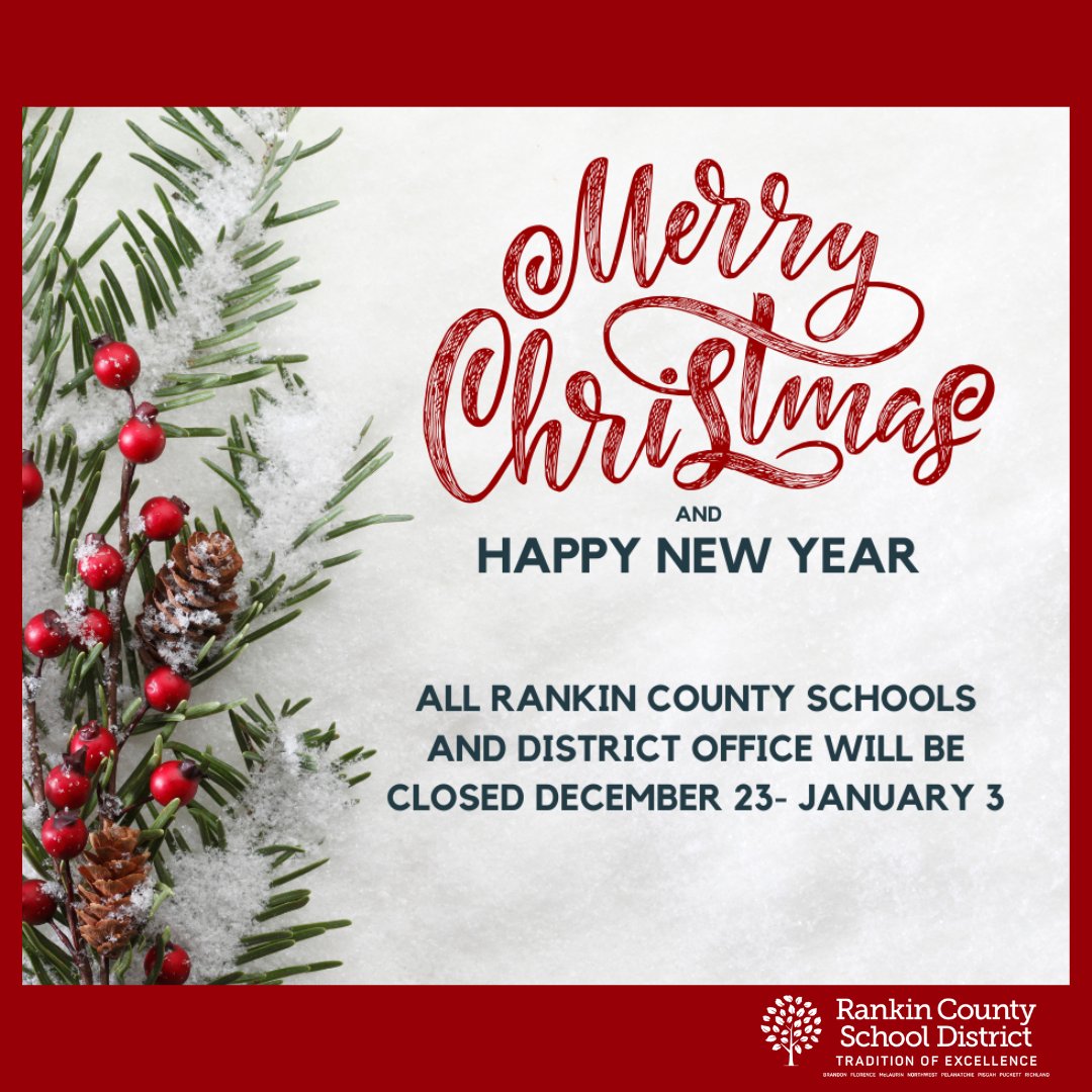 RankinSchools's tweet photo. It's beginning to look a lot like Christmas! All RCSD schools and offices will be closed December 23rd through January 3rd. January 6th will be a professional development day for all RCSD employees and a student holiday. Students will return January 7th. #ReachingSuccessTogether https://t.co/ng5hK8xoHV