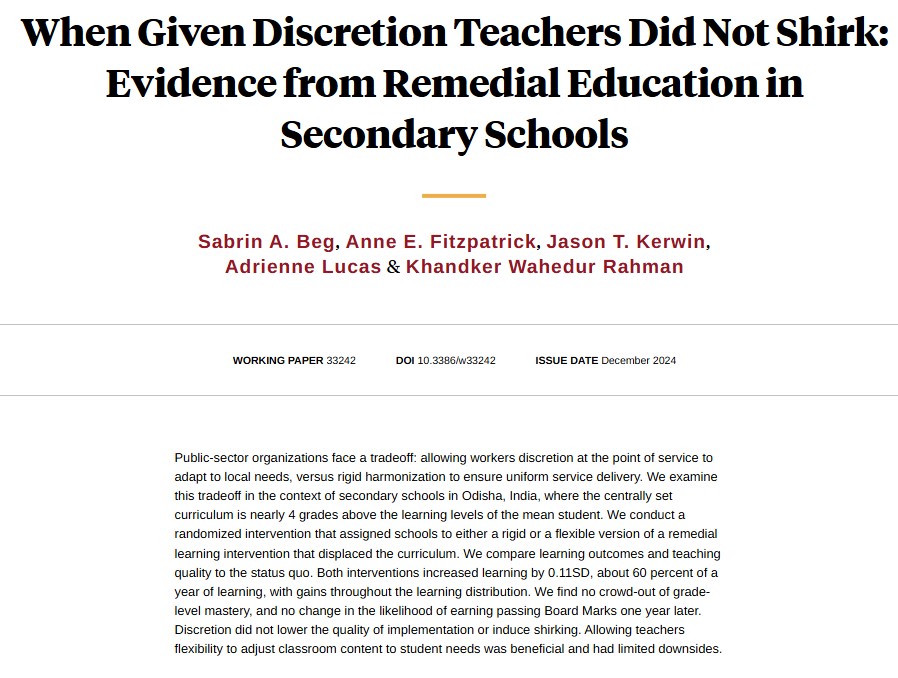 Remedial lessons in the secondary school day increased student learning and did not crowd out grade-level mastery. When given discretion, teachers did not shirk, from <a href="/sabrinbeg/">Sabrin Beg</a>, @annefitz13, <a href="/jt_kerwin/">Jason Kerwin</a>, <a href="/ProfALucas/">Adrienne Lucas</a>, and <a href="/kwrahman/">Khandker Wahedur Rahman [Wahed]</a> nber.org/papers/w33242
