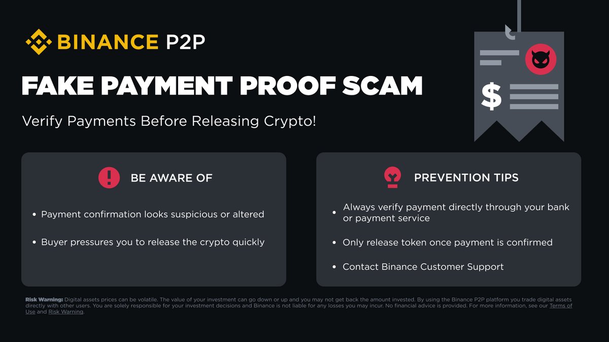 binance's tweet photo. Stay safe in the crypto world! 

Learn how to identify and avoid fake proof of payment scams.

More info here 👉 https://t.co/mbZjTp0G7E https://t.co/1GtHRvPJ2V