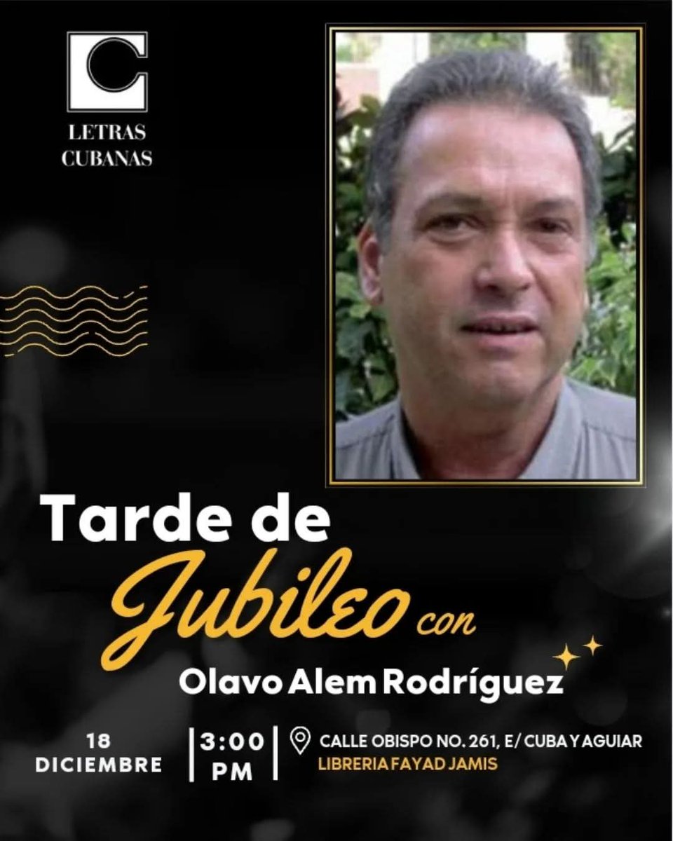 LaJiribilla's tweet photo. ✍🏼El musicólogo Olavo Alén Rodríguez, será el invitado del habitual espacio "El Jubileo de Letras Cubanas" el próximo miércoles 18 de diciembre, en la Librería Fayad Jamis.
⏰️ 3:00 pm
#CubaEsCultura #letrascubanas #LeerEsCrecer https://t.co/fIgQ2X7hpF