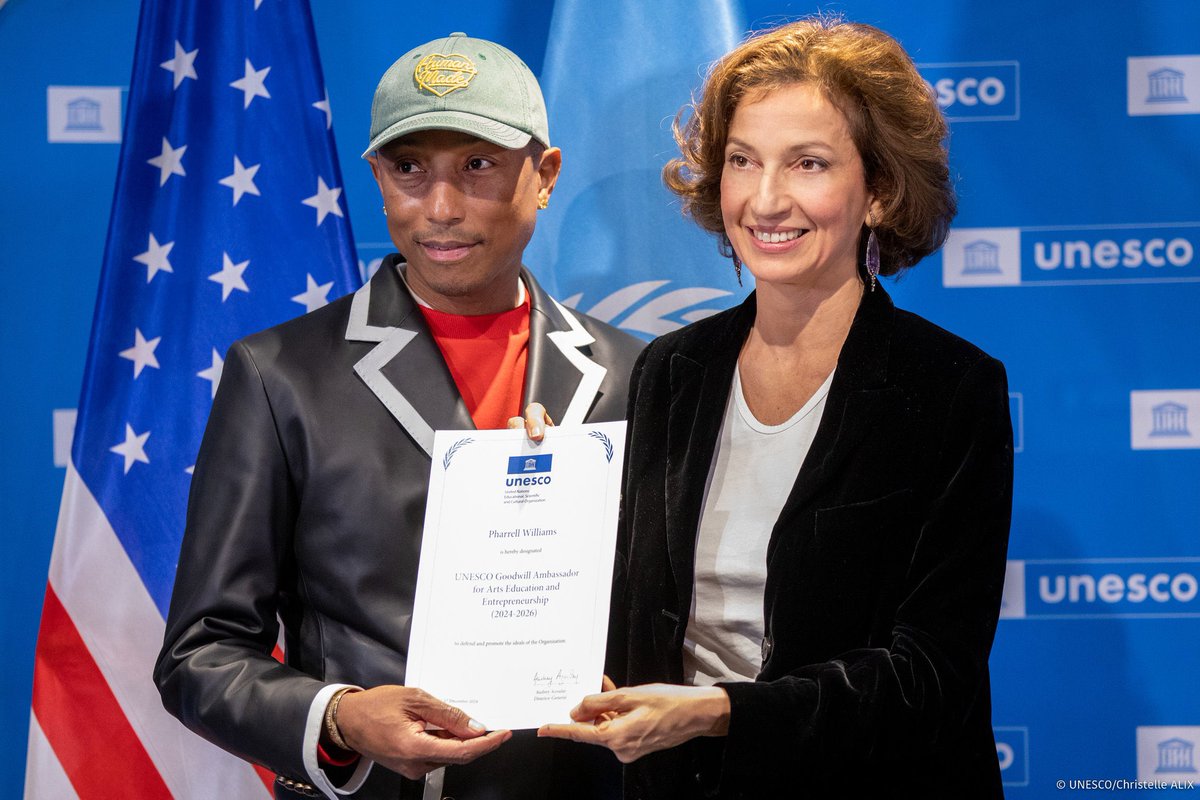 UNESCO 🏛️ #Education #Sciences #Culture 🇺🇳 (@unesco) on Twitter photo Pharrell Williams has been appointed <a href="/UNESCO/">UNESCO 🏛️ #Education #Sciences #Culture 🇺🇳</a> Goodwill Ambassador for Arts Education and Entrepreneurship by Director-General <a href="/AAzoulay/">Audrey Azoulay</a>!
Welcome to the UNESCO family, <a href="/Pharrell/">Pharrell Williams</a>! Together, we’ll harness the power of creativity and education to build a better future.
Read more: Pharrell Williams has been appointed <a href="/UNESCO/">UNESCO 🏛️ #Education #Sciences #Culture 🇺🇳</a> Goodwill Ambassador for Arts Education and Entrepreneurship by Director-General <a href="/AAzoulay/">Audrey Azoulay</a>!
Welcome to the UNESCO family, <a href="/Pharrell/">Pharrell Williams</a>! Together, we’ll harness the power of creativity and education to build a better future.
Read more: