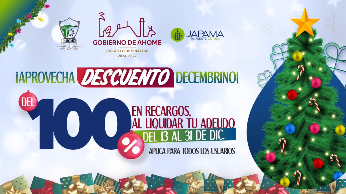 JAPAMAAHOME's tweet photo. Que esta noche, tus preocupaciones se vayan con los recargos. 🎄❄️
#DescuentoEspecial #navidad2024 #JAPAMA #descuentosjapama #PagaElAgua #REGULARIZATE https://t.co/ghlgxuhF2A