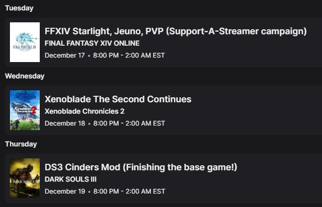 JustinianKnight's tweet image. Schedule for the week starting tonight with some FF14! See you then! Twitch.tv/JustinianKnight