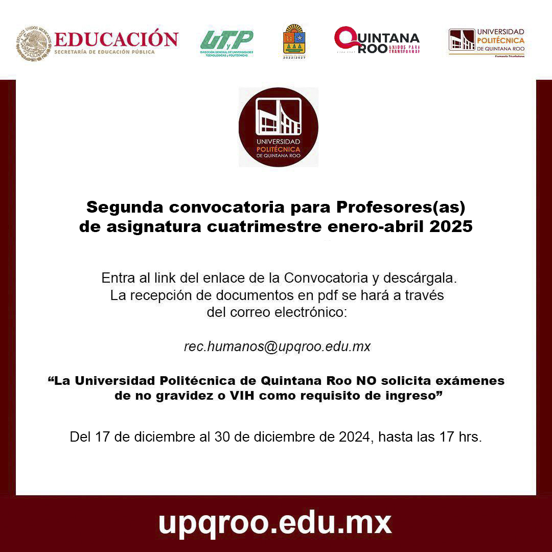 SEGUNDA CONVOCATORIA PARA PROFESORES(AS) DE ASIGNATURA CUATRIMESTRE ENERO-ABRIL 2025

Link de Convocatoria:
drive.google.com/file/d/1MkSULq…