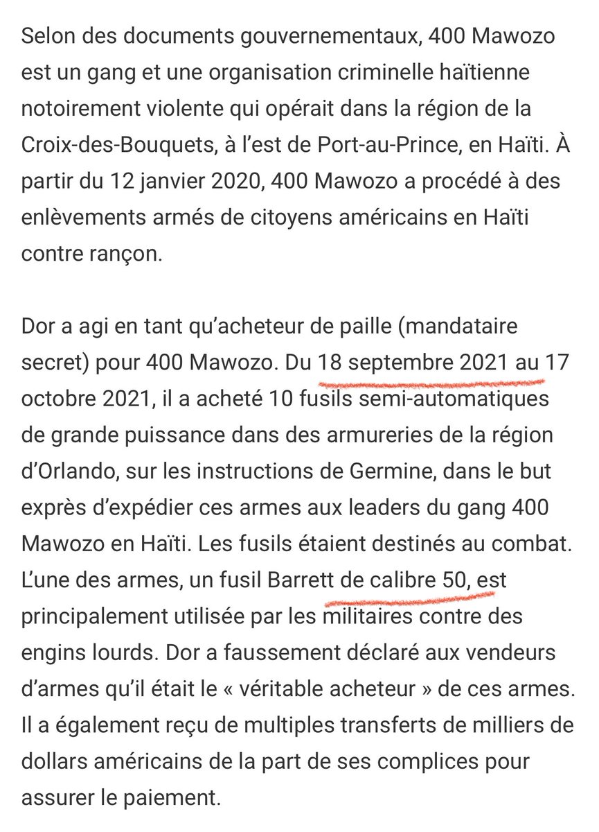 Men depi kilè 400 mawozo t ap eseye  achte Barrett.

10 fizi semi otomatik sa yo nan anviwon $ 500 dola chak grenn.
Lè yo rive Ayiti yap vann ant 5000  jiska 8000 dola chak grenn.

Barrett la nan 12.000 a 13.00 0 dola depi Miami.
Lè l rive Ayiti lap vann 40.000 a 50.000 dola

Fè