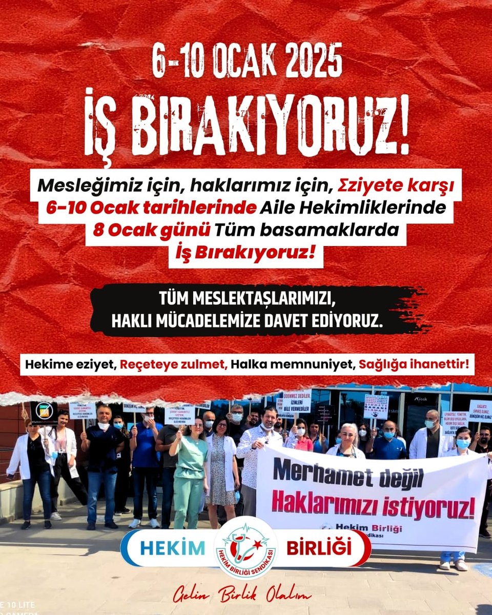 Değerli Meslektaşlarımız,

17 Aralık 2024 tarihli <a href="/hekim_birligi/">Hekim Birliği</a> Yönetim Kurulu toplantımızda:

📌 6-10 Ocak 2025 tarihlerinde 1. Basamakta ve 8 Ocak 2025 tarihinde tüm basamaklarda meşru iş bırakma kararı alınmıştır.  
📌 Taleplerimizin Sağlık Bakanlığı ve idare tarafından