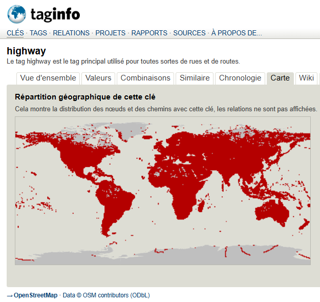 Nouveauté TagInfo (veille ontologique OSM) avec vue résumée au 1er onglet : BRAVO😍!
L'onglet 'similaire' est également pertinent : il permet d'explorer la sémantique latérale clé à gauche ou à droite.
Enfin les incontournables : 'chronologie' &amp; 'carte'.

taginfo.openstreetmap.org/keys/highway