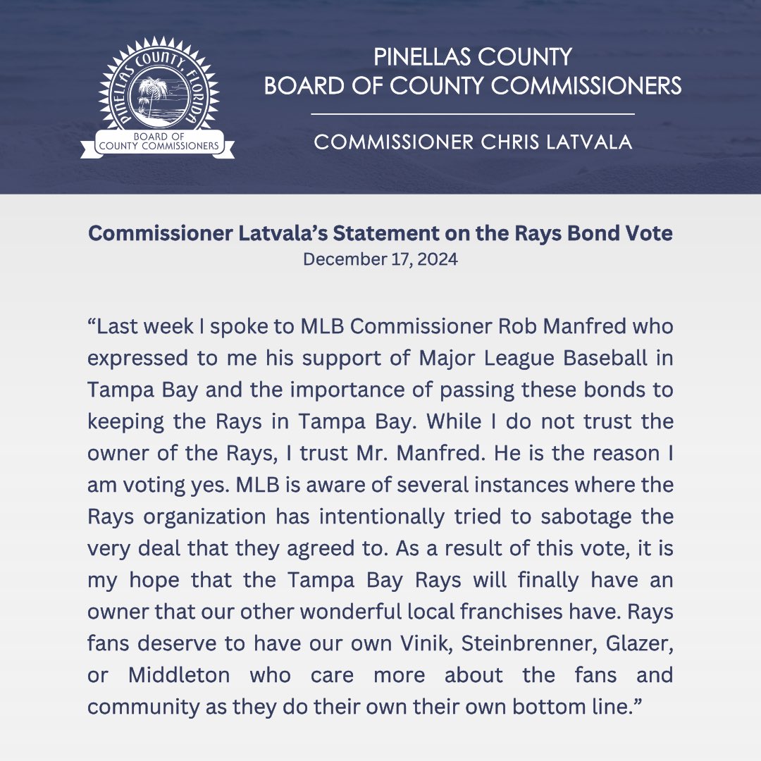 MAJOR: Commissioner Latvala tells me he is the swing vote, and will vote to approve Rays stadium bonds.

At the same time skewers the Rays and owner Stu Sternberg, essentially calling for new ownership
