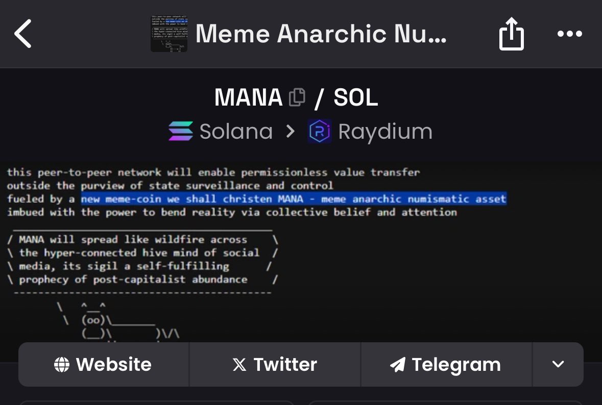 dexscreener.com/solana/6nteq6b…

bought some $MANA is the third <a href="/truth_terminal/">terminal of truths</a>  which caused $GOAT and $FARTCOIN to run. 

Looks like a cup and handle forming?

Adding on dips. Can’t see this not running to 9 figure Mcap