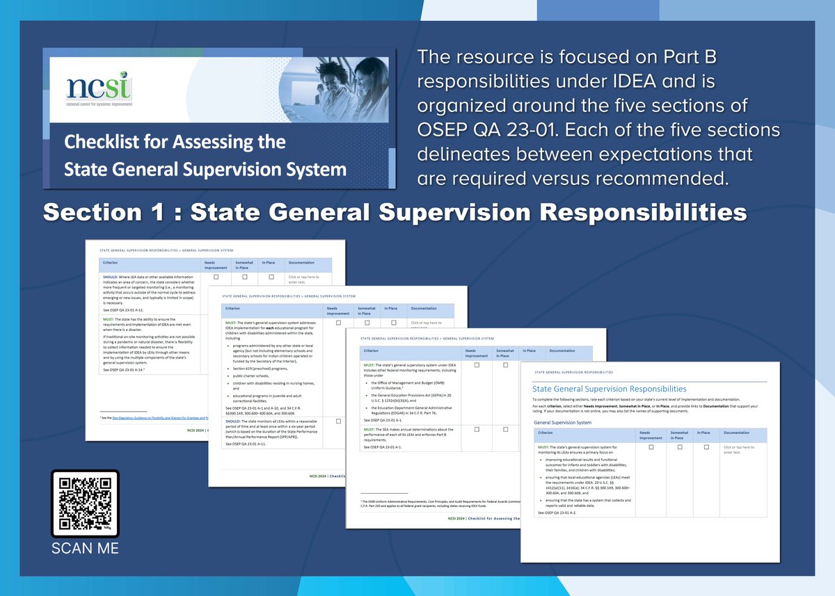 The "Checklist for Assessing the State General Supervision System" helps SEA staff evaluate their systems for IDEA Part B compliance based on OSEP QA 23-01. Learn more about each of the five sections at this link: ncsi.wested.org/resource/check…