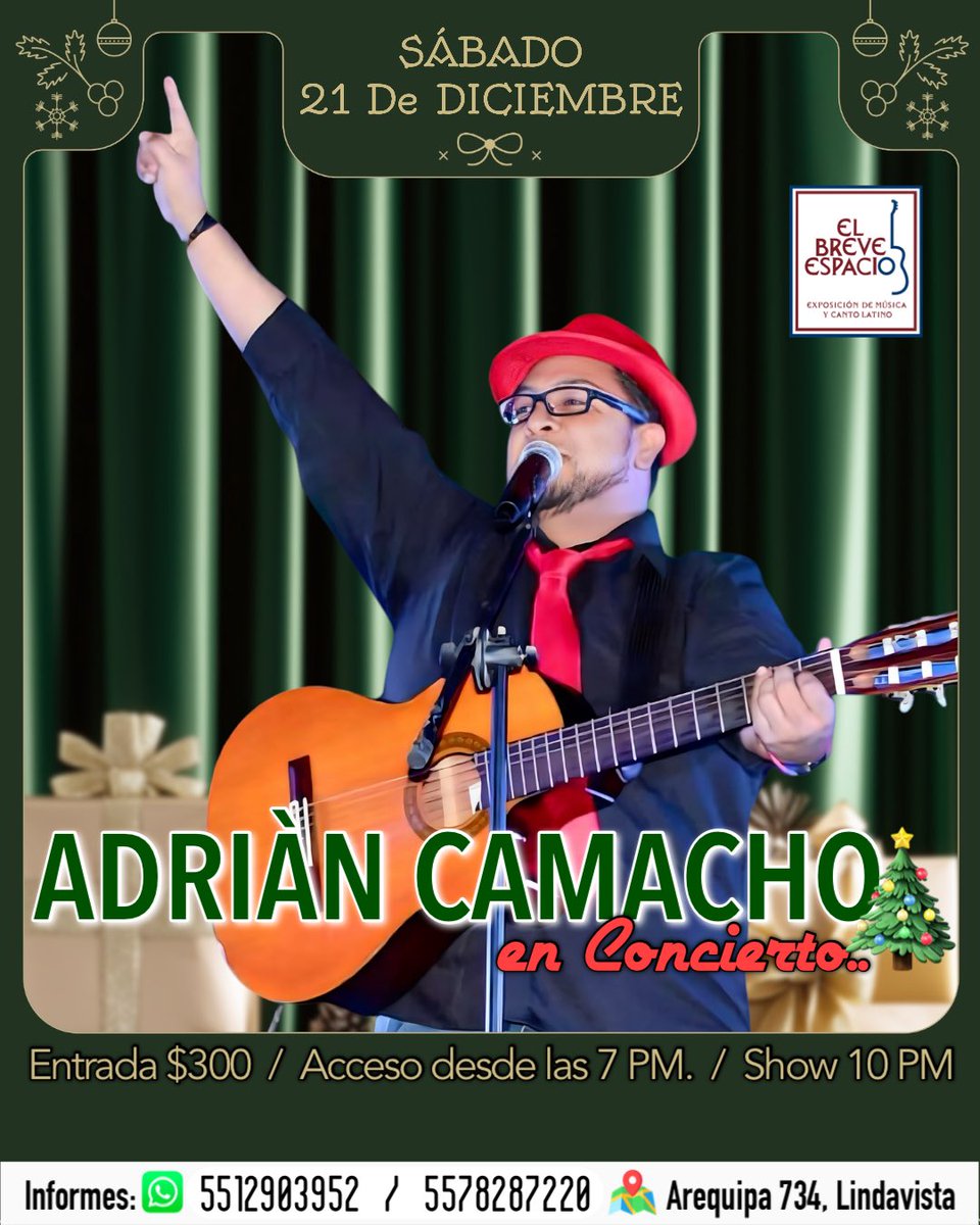BreveEspacioDF's tweet photo. Ya tienes tu lugar para este sábado?

•••• 𝐀𝐝𝐫𝐢𝐚̀𝐧 𝐂𝐚𝐦𝐚𝐜𝐡𝐨 en concierto ••••

¡RESERVACIONES!
https://t.co/qBujyyoj8L
𝑾𝒉𝒂𝒕𝒔𝑨𝒑𝒑: 5512903952
📍Arequipa 734, Lindavista

#SiEsBreveEsBueno #EntreAmigos #ExperienciasBreveEspacio @adriankmacho https://t.co/dg19J219e5