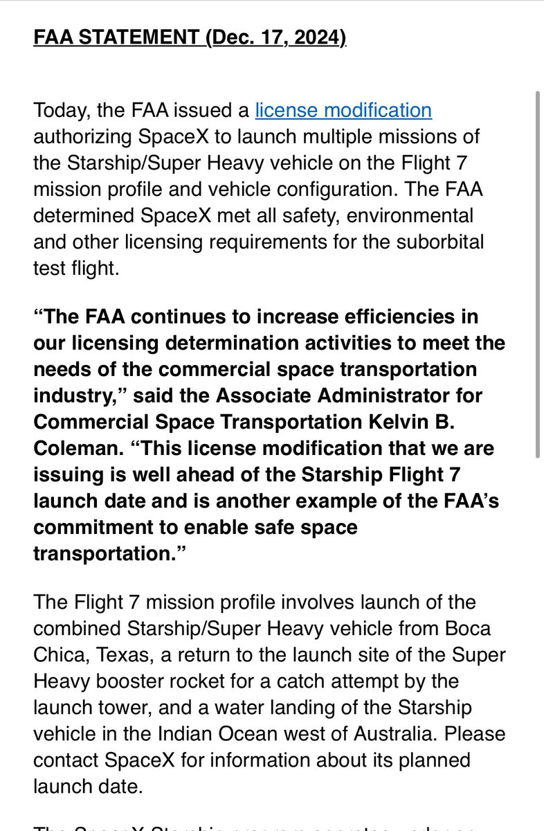 Green light go for Flight 7 of Starship. 🚀