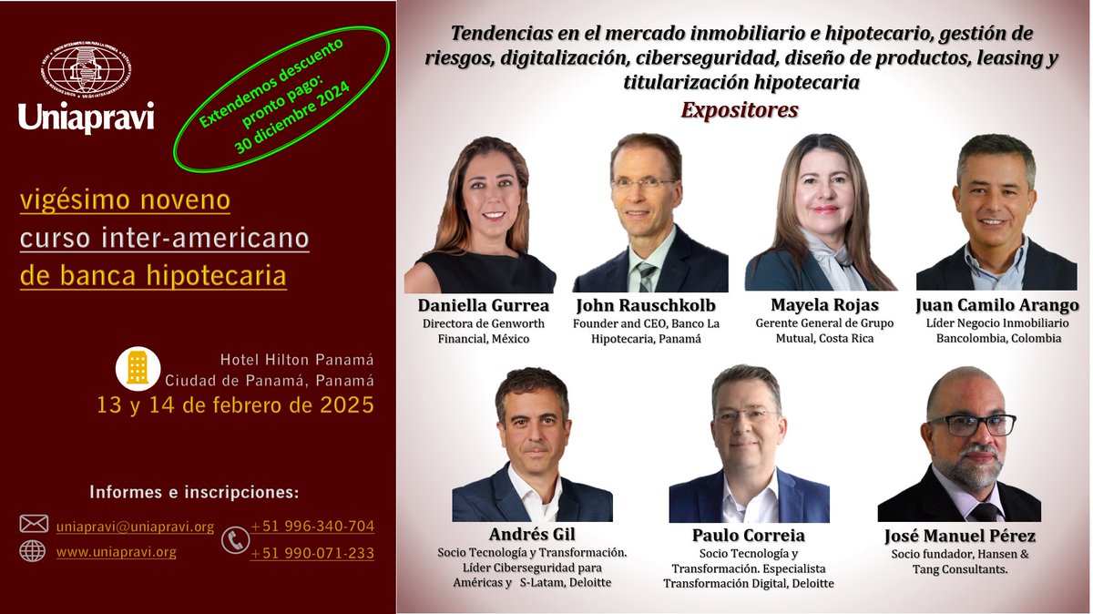 UNIAPRAVI's tweet photo. Líderes y expertos internacionales analizarán el panorama actual, tendencias en el mercado de #vivienda, durante el 29° Curso de #Banca #Hipotecaria de @UNIAPRAVI 
📆 13 y 14 de febrero 2025
ℹ Folleto: https://t.co/bp282Zi0xZ
✅Confirmación asistencia: https://t.co/4yrwW8aXhW https://t.co/1rlXtDE341