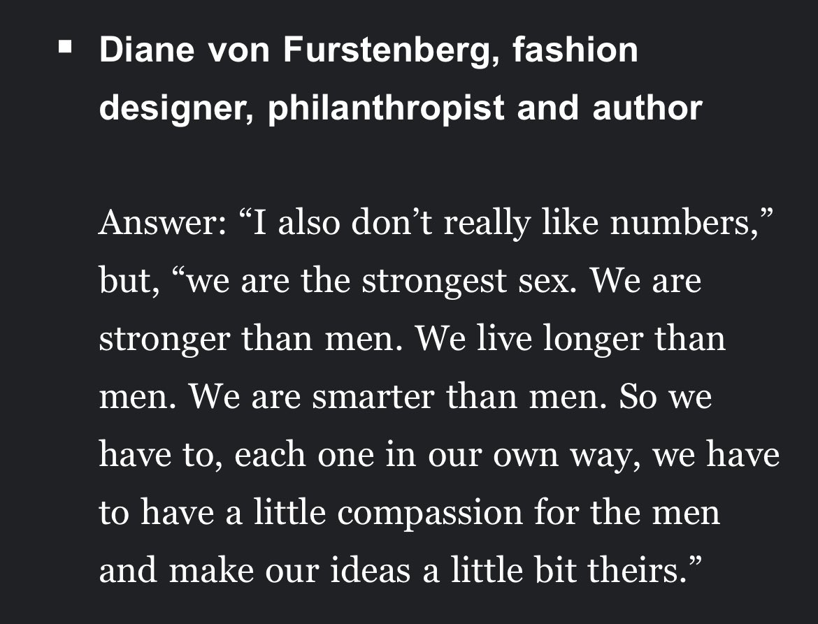 Diane von Furstenberg’s quote to the NYT, when asked to rate on a scale of one to 10 how much progress has been made for women in the workplace, goes rly hard, instant classic, no notes